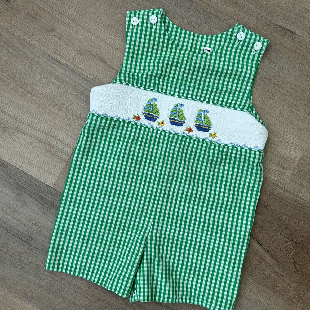 Hand Smocked Green Gingham Sailboat JonJon